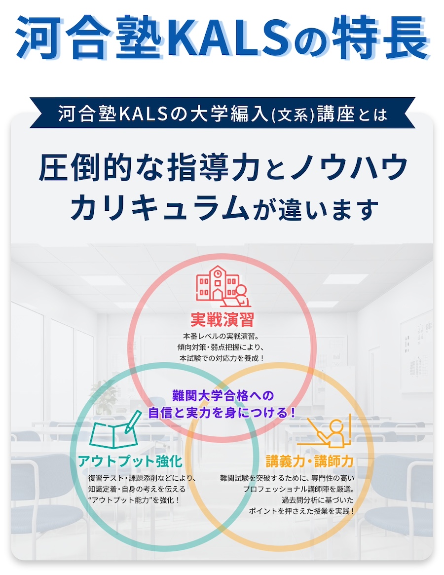 河合塾KALSの特長 河合塾KALSの大学編入(文系)講座とは圧倒的な指導力とノウハウカリキュラムが違います